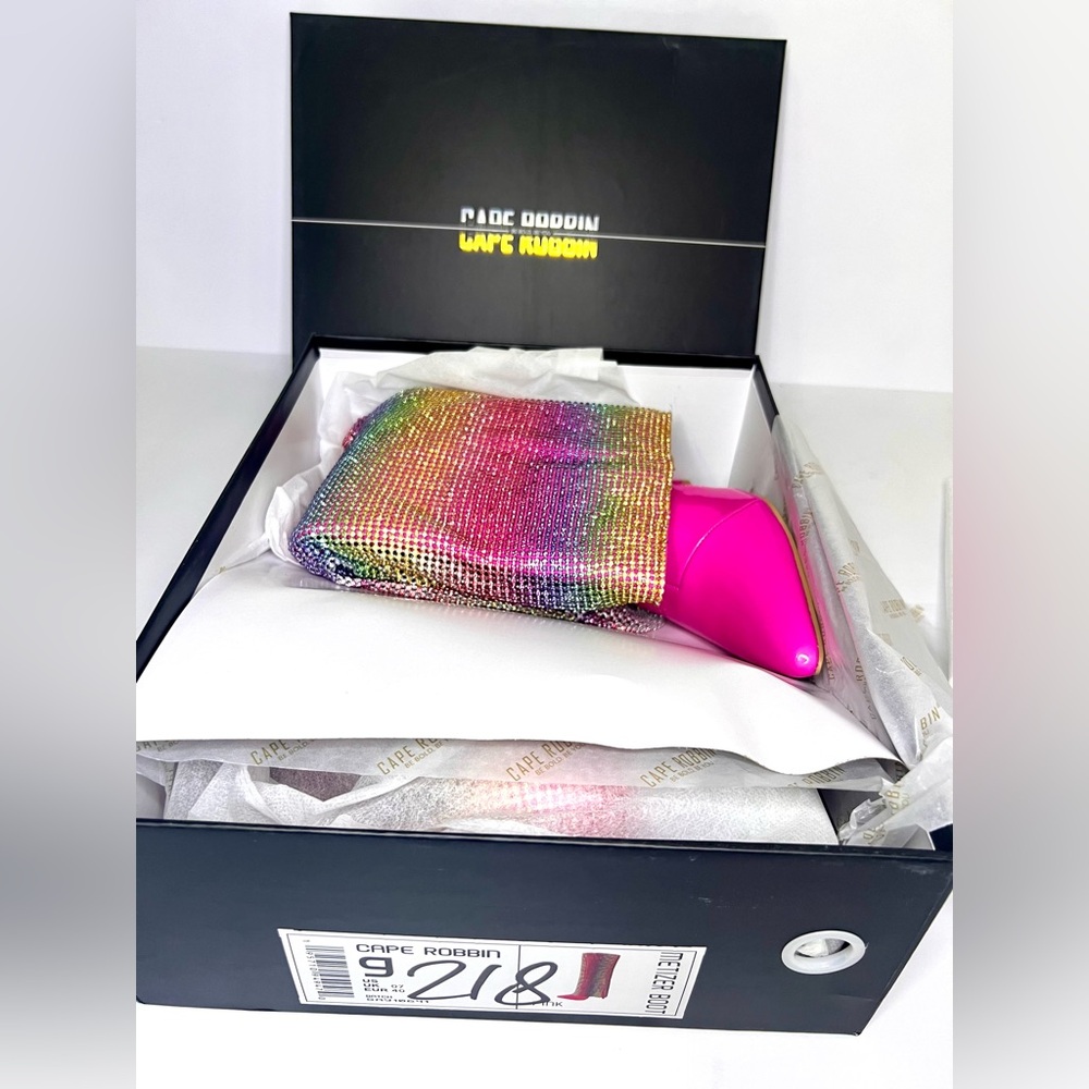 Rainbow Rhinestone Stiletto Boots. Hot Pink w/ Colorful Rhinestone Curtain -EDC - Picture 3 of 16